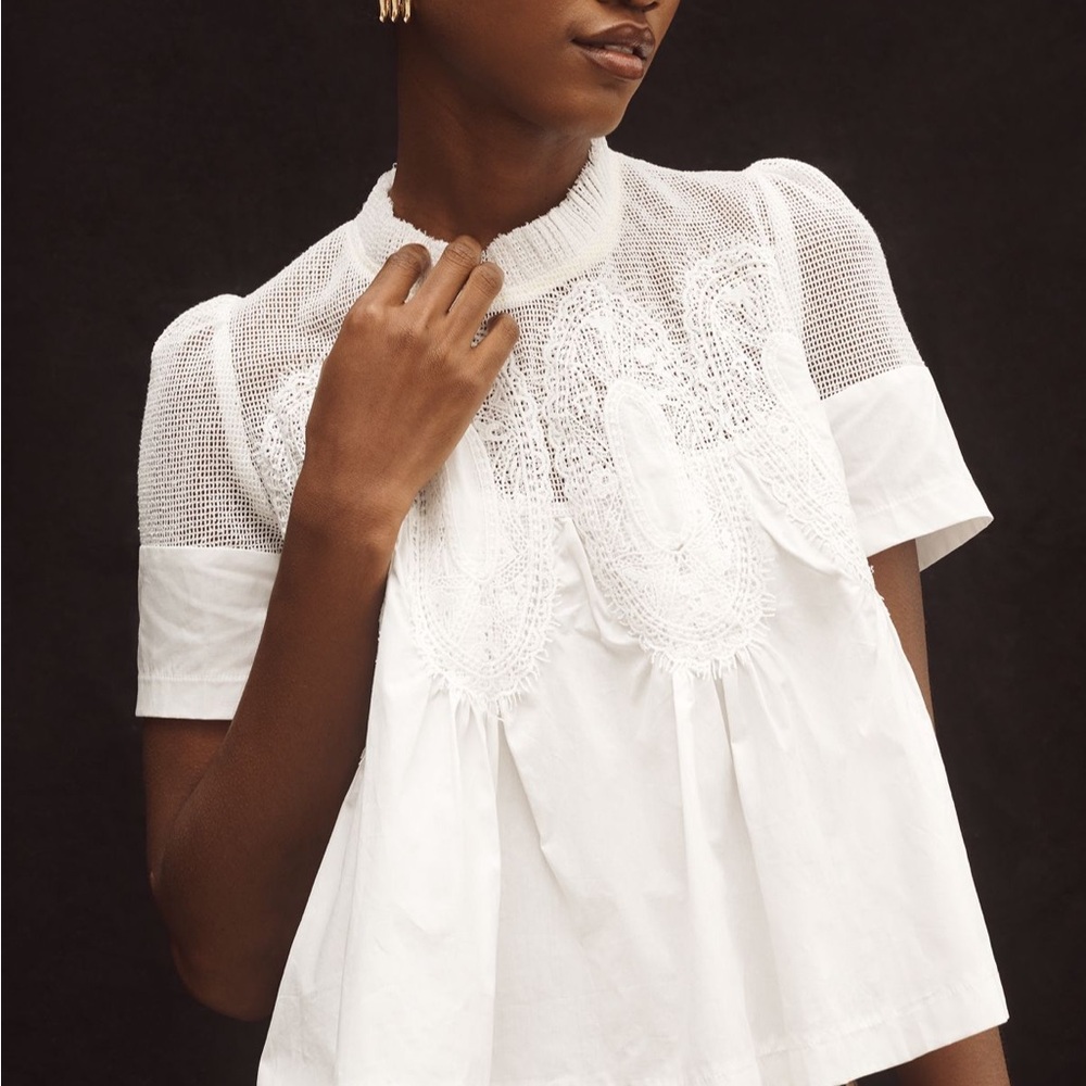 Anthropologie En Elly white lace cotton poplin blouse